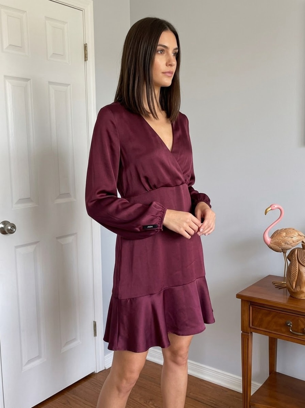 Zara Wrap V-Neck Long Sleeve Dress in Wine